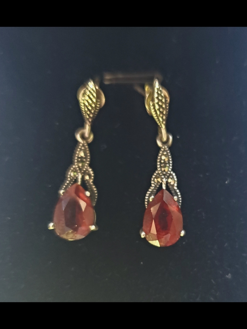 Silver, Garnet & Marcasite Drop Earrings